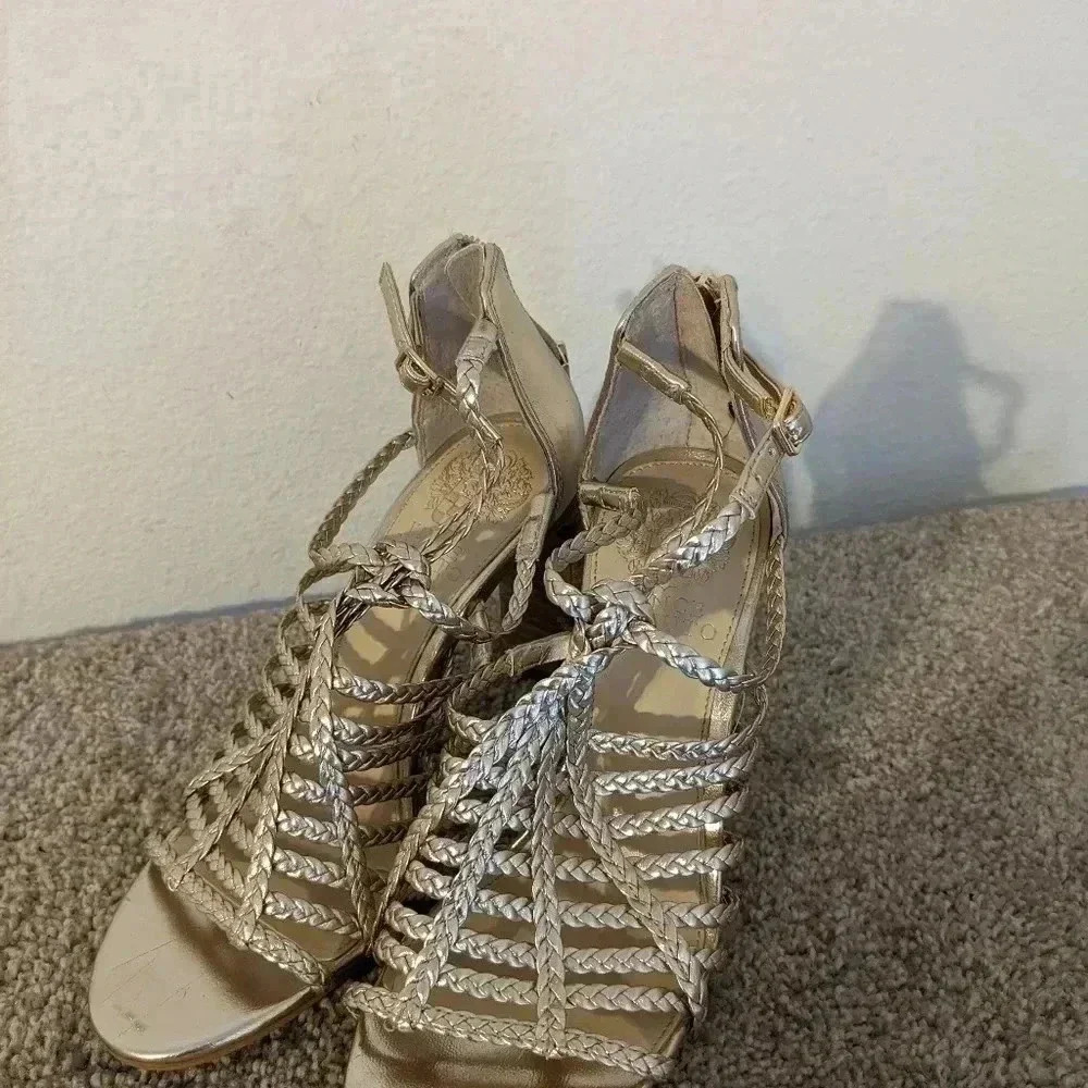 Vince Camuto Gold Braided Strappy Heels Ankle Strap Party Shoes 5.5‎ NEW - Picture 2 of 9